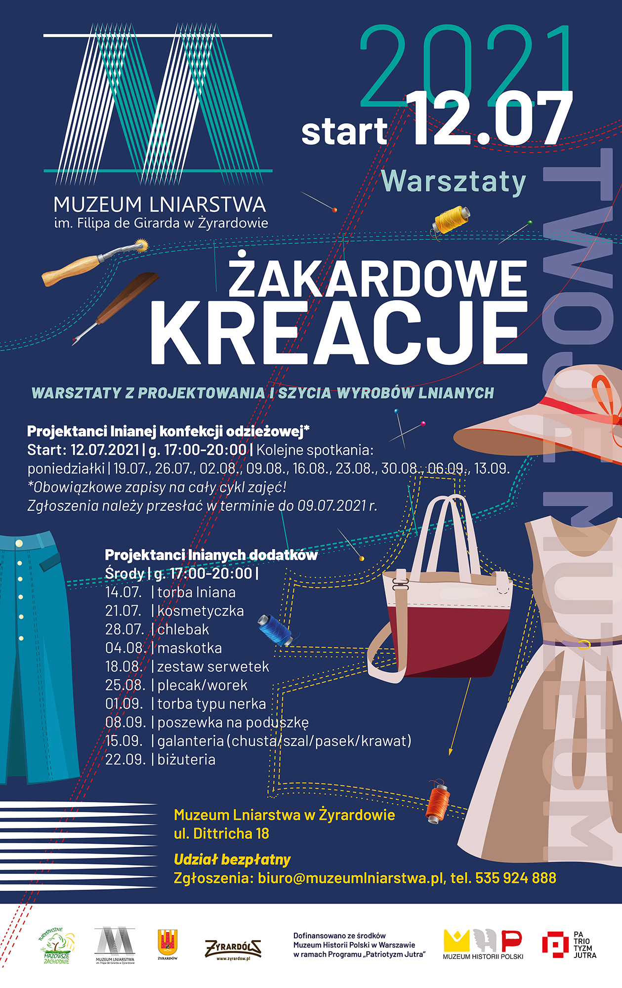 Tkanina żakardowa, potocznie nazywana żakardem, stanowiła jeden z najbardziej luksusowych oraz cenionych wyrobów włókienniczych produkowanych w Zakładach Lniarskich w Żyrardowie. Charakteryzuje się ona wielobarwnym i rozbudowanym wzorem, który powstawał dzięki specjalistycznej technologii tkania prowadzonej na krosnach żakardowych. Żyrardowskie dziedzictwo i wzornictwo żakardów powraca za sprawą prowadzonych przez Muzeum Lniarstwa w Żyrardowie działań. W 2020 roku sprowadzono do placówki park maszynowy 16 krosien żakardowych – oryginalnych maszyn użytkowanych w żyrardowskich zakładach, które uruchamiane są dla turystów w celach pokazowych. Możliwość obejrzenia produkcji bajecznie kolorowych tkanin to nie wszystko – w ramach nowego projektu pt. „Żakardowe kreacje”, mieszkańcy będą mieli możliwość zaprojektować i uszyć kolekcję wyrobów lnianych z tkaniny wyprodukowanej w Muzeum Lniarstwa. „Nasze tegoroczne projekty ściśle związane są z żyrardowskimi żakardami, ponieważ właśnie tę technologię chcielibyśmy w tym roku tak szczególnie podkreślić. Do udziału w warsztatach zapraszamy osoby kreatywne z pasją, które zainspirują się lokalną tradycją oraz stworzą z tkaniny żakardowej nowe kreacje.” – mówi Jacek Czubak, Pełnomocnik Prezydenta Miasta Żyrardowa ds. organizacji Muzeum Lniarstwa im. Filipa de Girarda w Żyrardowie. Projekt „Żakardowe kreacje” obejmuje organizację dwóch cykli bezpłatnych warsztatów. Pierwszy z nich pn. „Projektanci lnianej konfekcji odzieżowej” obejmuje 10 spotkań, podczas których stała niezmienna grupa uczestników będzie pracować nad stworzeniem kolekcji odzieży żakardowej. Zajęcia będą odbywały się w Muzeum Lniarstwa w każdy poniedziałek, począwszy od 12 lipca br., w godzinach 17:00-20:00. Natomiast drugi cykl warsztatów pn. „Projektanci lnianych dodatków” zostanie poprowadzony w środy, w godzinach 17:00-20:00, a każde z 10 spotkań będzie dedykowane innej tematyce (14.07. - torba lniana; 21.07. - kosmetyczka; 28.07. - chlebak; 04.08. - maskotka; 18.08. - zestaw serwetek; 25.08. - plecak/worek; 01.09. - torba typu nerka; 08.09. - poszewka na poduszkę; 15.09. - galanteria (chusta/szal/pasek/krawat); 22.09. - biżuteria). Zgłoszenia na powyższe warsztaty można wysyłać drogą mailową: biuro@muzeumlniarstwa.pl lub telefonicznie pod numerem telefonu 535 924 888. Regulamin udziału w warsztatach dostępny jest na www.muzeumlniarstwa.pl oraz www.turystycznemazowsze.pl.  Efekty prac warsztatowych zostaną zaprezentowane podczas pokazu mody, który odbędzie się na jesieni w Muzeum Lniarstwa w Żyrardowie, na jednej z najdłuższych w Polsce drukarek sitodrukowych, która stanowi eksponat muzealny. Projekt „Żakardowe kreacje – warsztaty z projektowania i szycia wyrobów lnianych nawiązujące do XIX-wiecznej tradycji poprzemysłowego Żyrardowa” został dofinansowany ze środków Muzeum Historii Polski w Warszawie w ramach Programu „Patriotyzm Jutra”. Lokalna Organizacja Turystyczna Mazowsza Zachodniego zdobyła na ten cel 19 tys. zł, znajdując się w gronie laureatów programu wśród niespełna 1000 nadesłanych wniosków konkursowych.